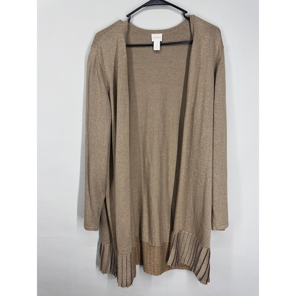 Chicos Long Gold Cardigan Sweater Womens Size 3 Metallic Shimmer Pleated Open